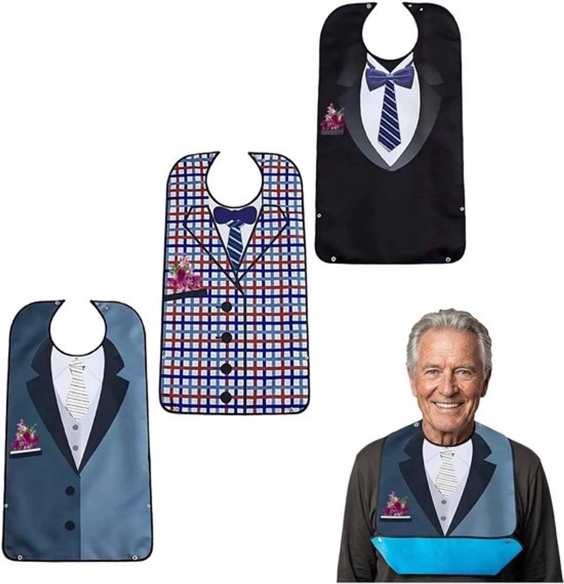 Set van 3 waterdichte en herbruikbare slabbetjes voor volwassenen, badstof, bescherming van kleding en gemakkelijk te reinigen.