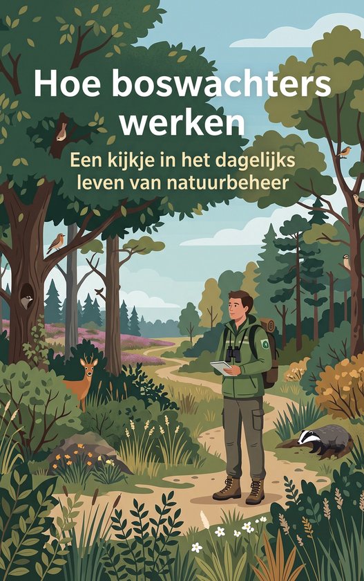 Boswachter in groen jack en grijze broek, notitieblok in hand, in bosrijk landschap met hert, das en vogels. Titel: "Hoe boswachters werken".