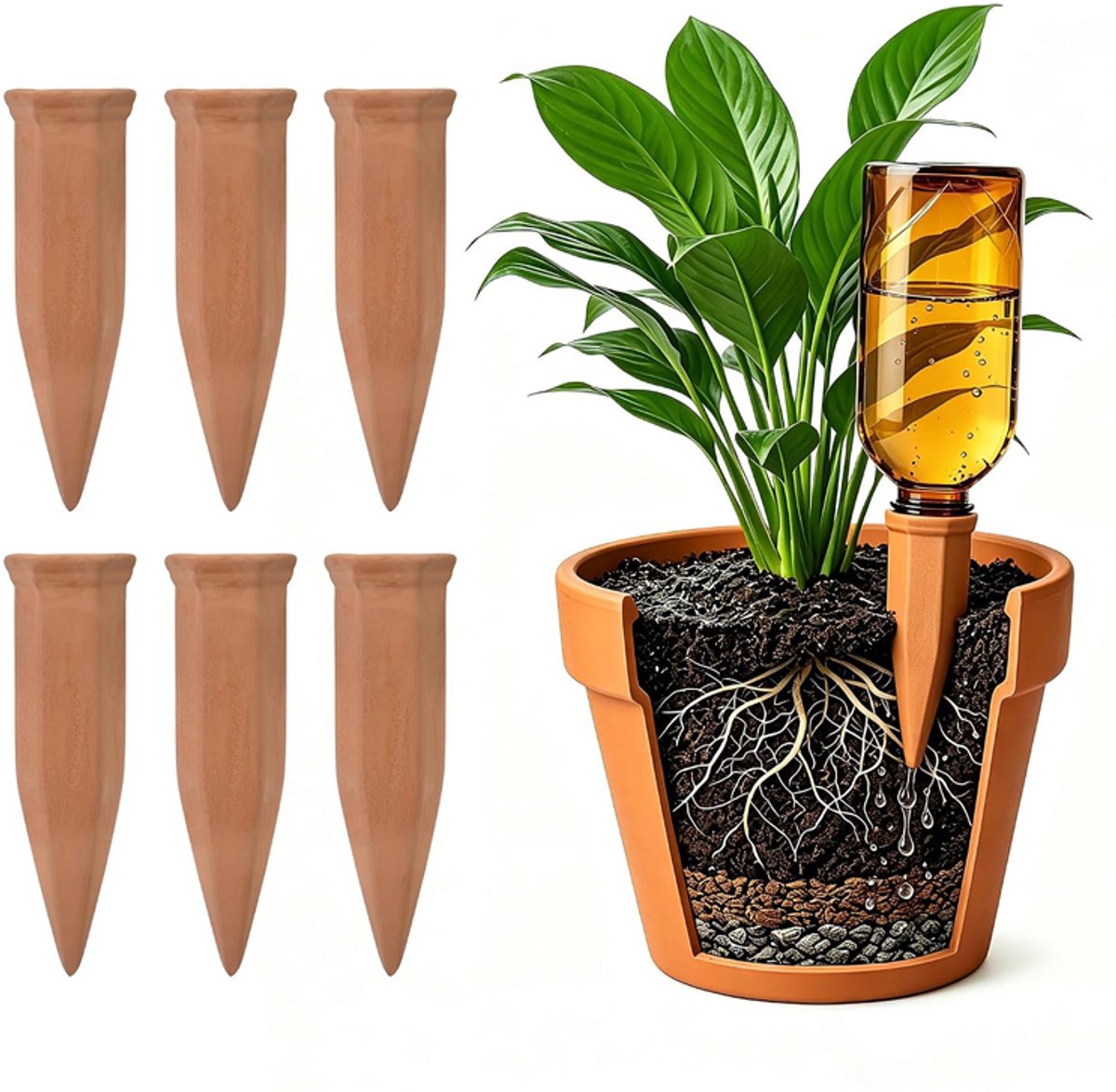 Set van 6 stuks - Druppelirrigatie voor planten - Keramische druppelirrigatie - Plantenbewateringssysteem - Bewatering van kamerplanten - Automatische bewatering - Geschikt voor het verzorgen van planten tijdens uw vakantie - 17,5*5 cm - Terracotta