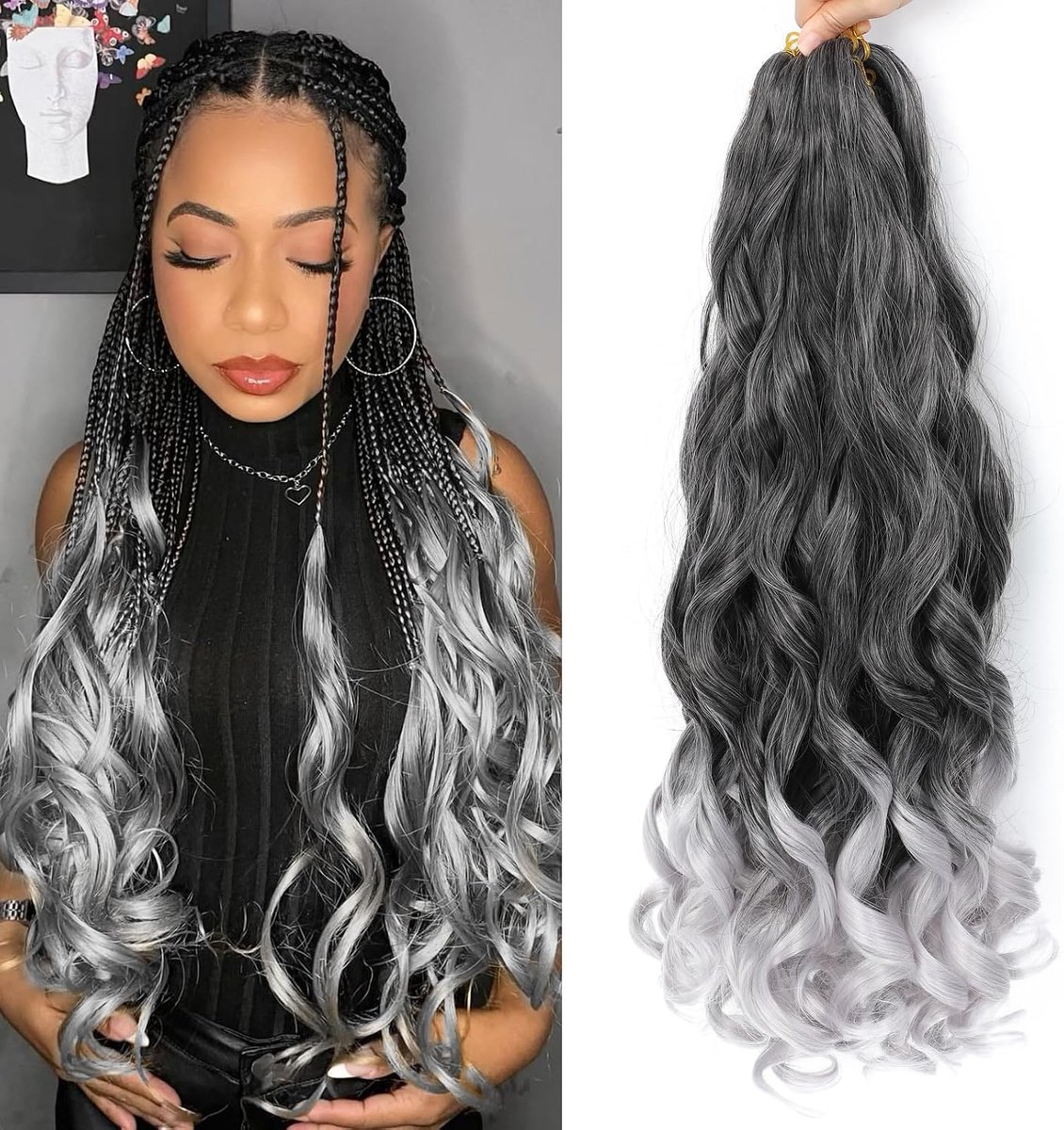 SnelShoppen - French Curl Vlecht Haar 24 Inch 8 Pakketten Losse Golvende Vlecht Haar (1B/Grijs, 24") - Perfect Voor Zomerbescherming