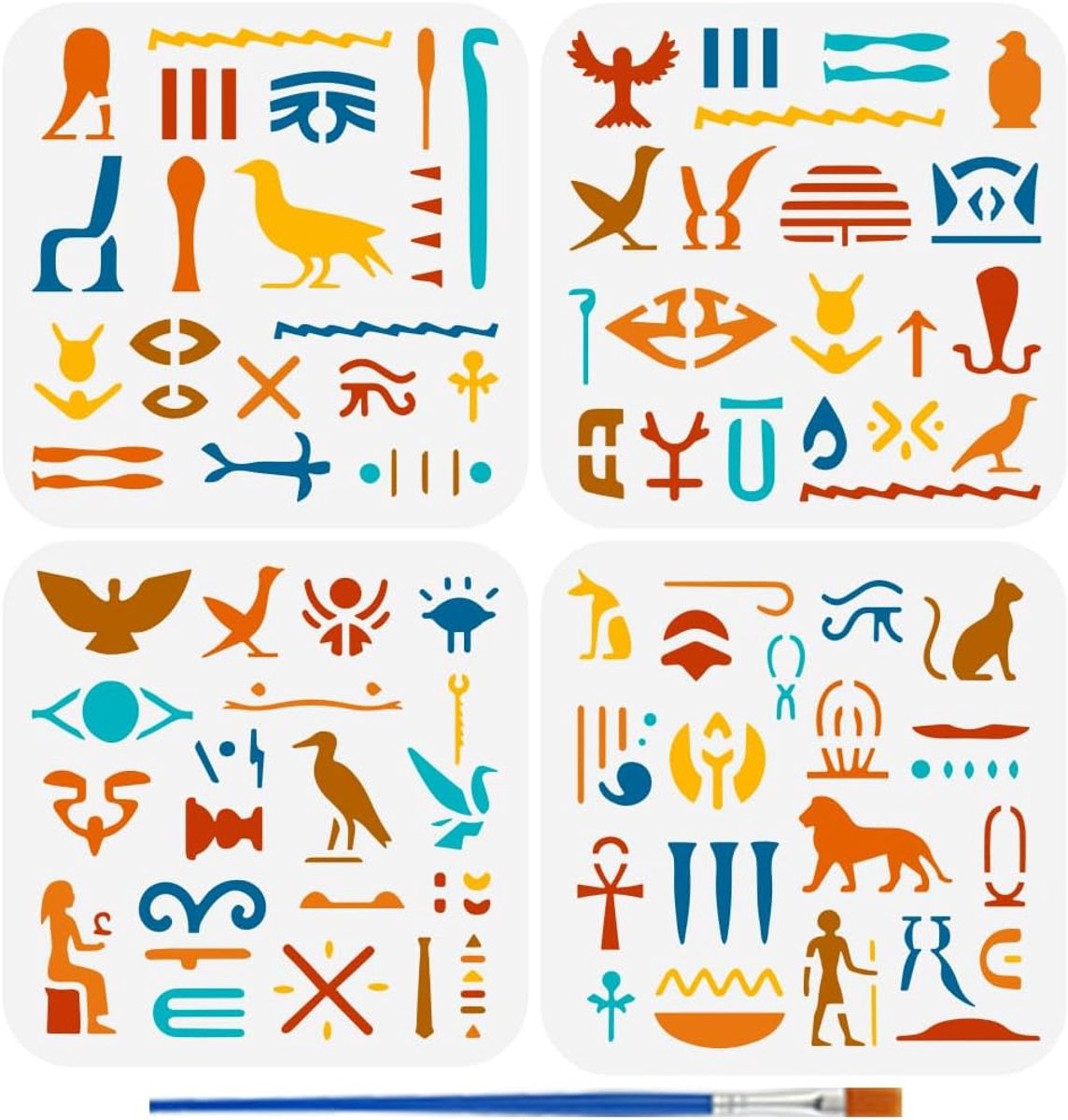 SnelShoppen - 4 Stuks Egyptische Patronen Sjablonen voor Schilderen met Kwast 15x15cm Herbruikbare Motieven met Vogels, Symbolen, Katten en Mensen voo