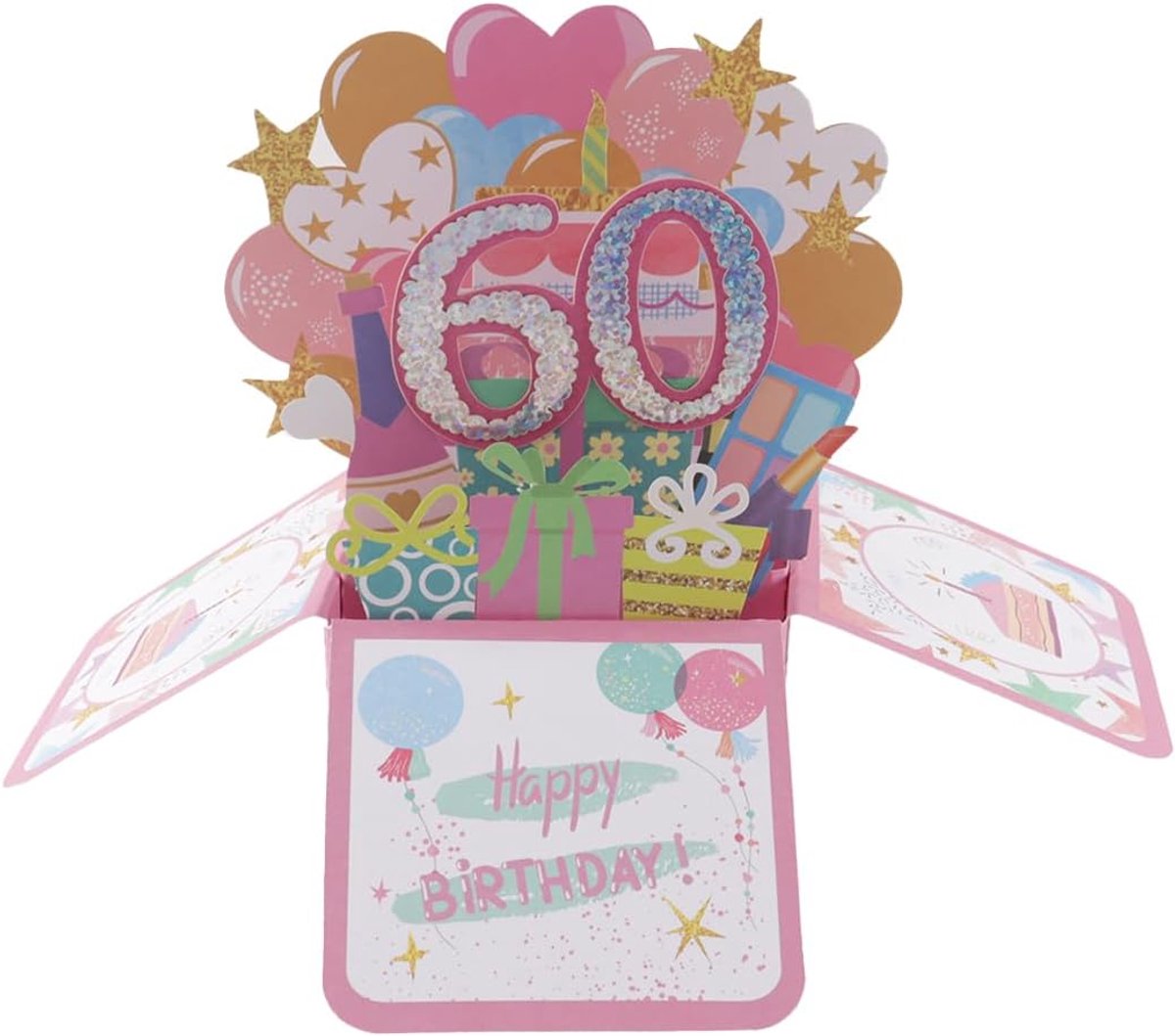 SnelShoppen - 60e Verjaardagskaart Vrouwen - 3D Pop-Up Wenskaart - Elegante Verjaardagskaart met Ballonnen en Notitie - Verjaardagscadeau voor Moeder,
