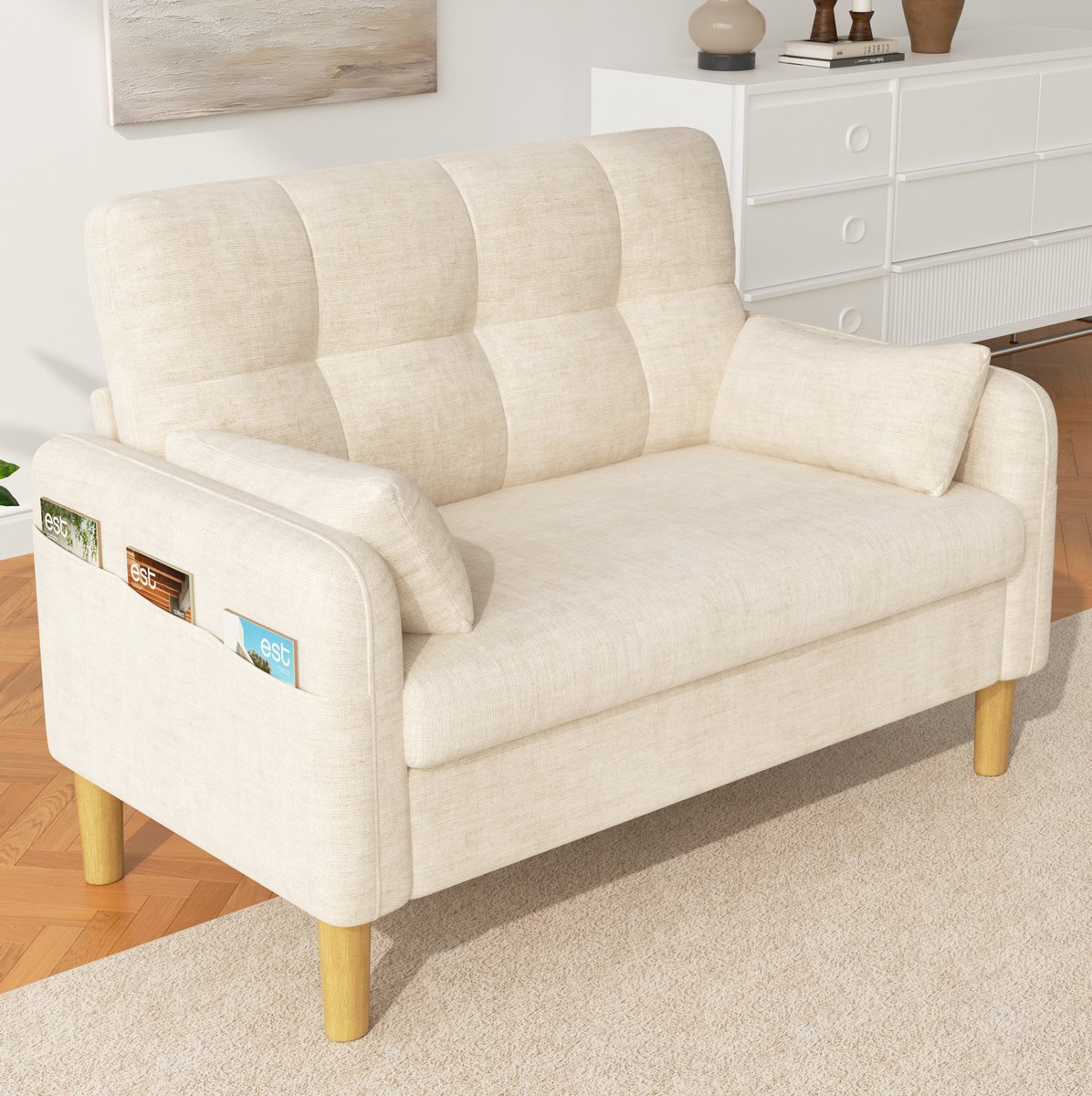 MIVRAY Sofa 2-Zits 119 x 78 x 85 cm Met Hoge Rugleuning, 2 Kussens En Zijvak Voor Woonkamer, Slaapkamer En Appartement, Chenille Beige