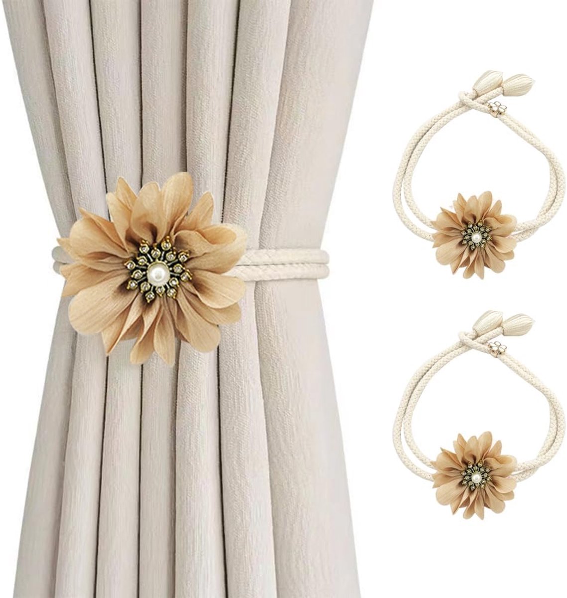 SnelShoppen - Gordijnbinders Bloem 2 Stuks, Elegante Gordijnhouders voor Thuis, Buiten, Slaapkamer, Kantoor, Decoratieve Gordijnen