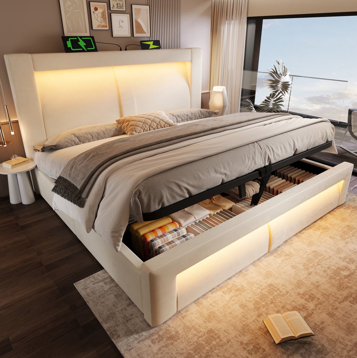 REDOM - Tweepersoonsbed met opbergruimte - Hydraulisch bedframe - LED-verlichting met appbediening - USB- en Type-C-aansluitingen - Samt - Beige - 217 x 143 x 107 cm