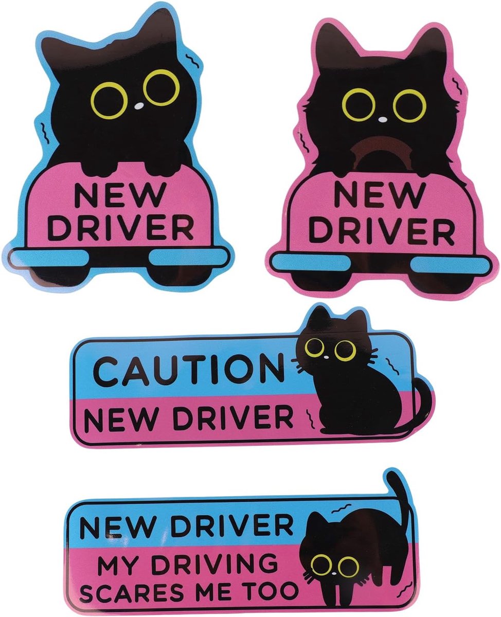 SnelShoppen - 4 Stuks Zwarte Kat Nieuwe Chauffeur Auto Magneten, Grappige Waarschuwingsstickers voor Onervaren Bestuurders, Magnetische Bumperstickers