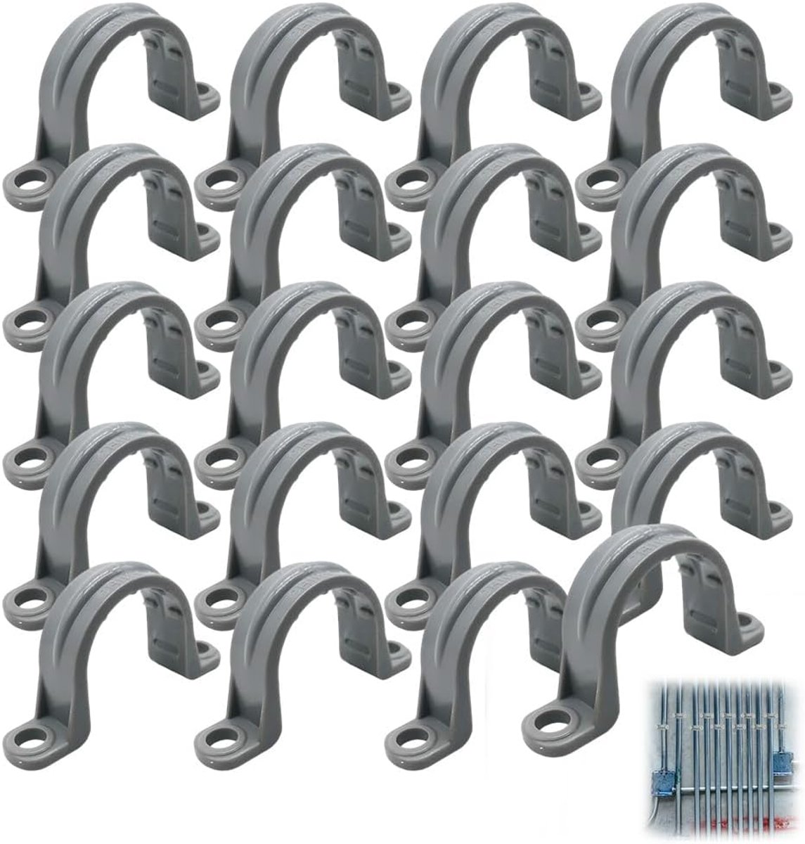 SnelShoppen - 20 Stuks 2-Hole Slangenklemmen, U-Tube Klemmen, Twee Gat Tube Klemmen, Buisklemmen voor Gas, Waterleidingen, 1 inch, Grijs