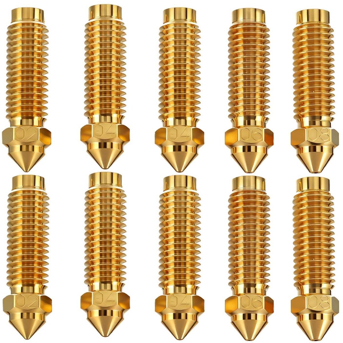 SnelShoppen - Set van 10 Messing Verstevigde Staal Mondstukken, 4 x 0.4 mm, 2 x 0.2 mm, 0.6 mm, 0.8 mm, Hot End Mondstukken, Slijtvast, Superieure War