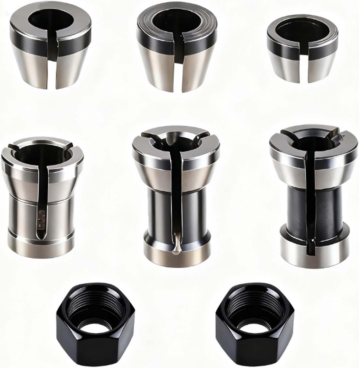 SnelShoppen - Collet set met 6 spannadapters (6 mm, 6,35 mm, 8 mm) en 2 moeren, precisietang voor graveren en houtbewerking, 8 delen, duurzaam en lich