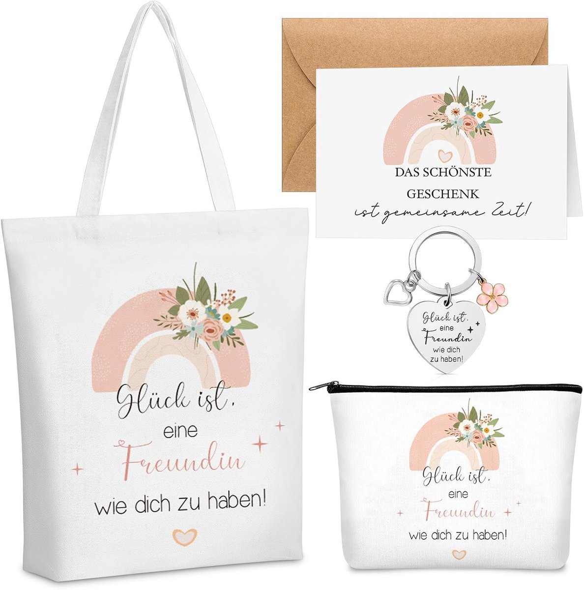SnelShoppen - Vriendinnen cadeau set met hartvormige sleutelhanger, linnen tas, cosmetica tas, wenskaart en envelop - BFF geschenken voor verjaardag,