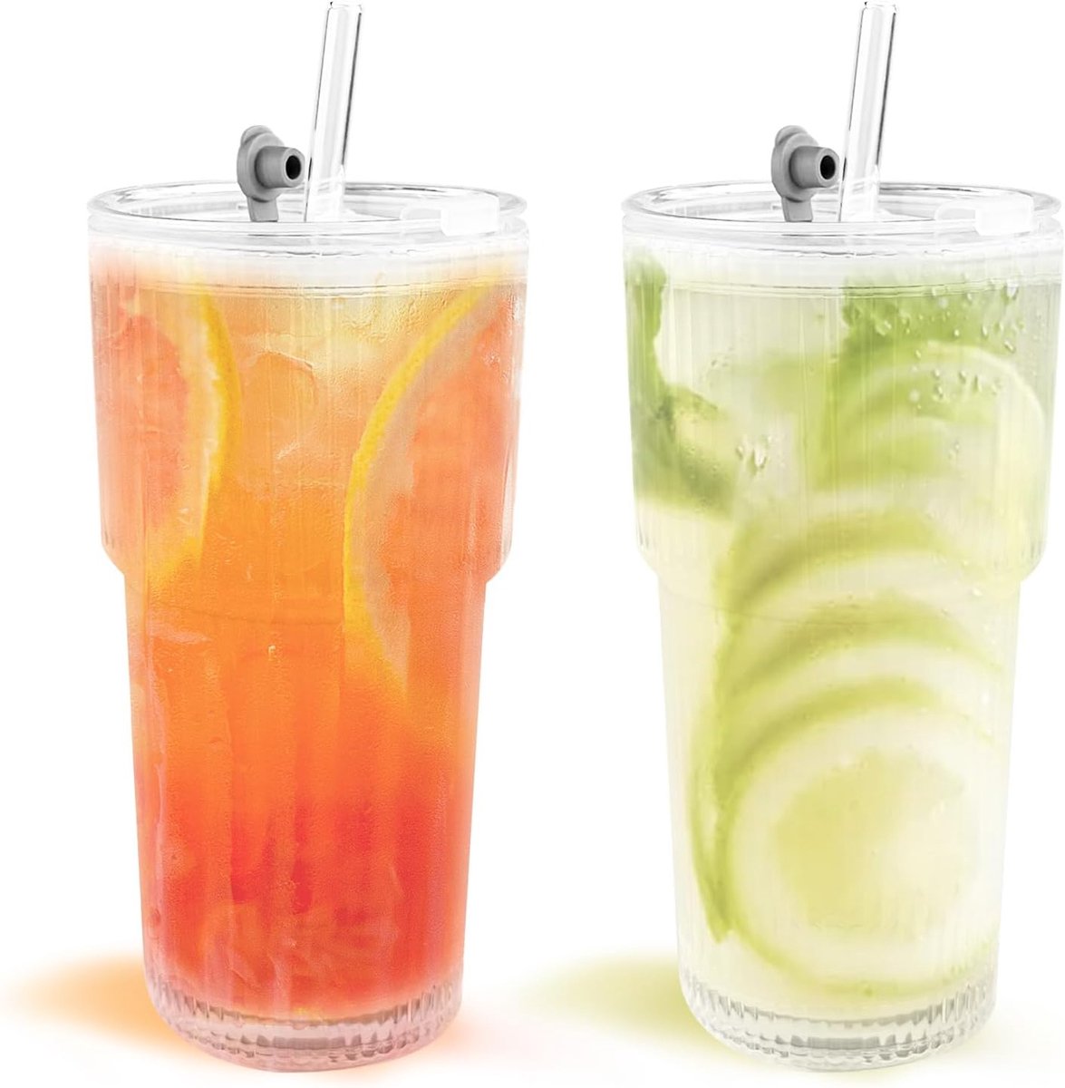 SnelShoppen - Drinkrietjes van Glas met IJsriet, Ribbelglas met Rietje, Bekers met Rietje en Gestreepte Deksel, Duurzaam en Milieuvriendelijk, Set van