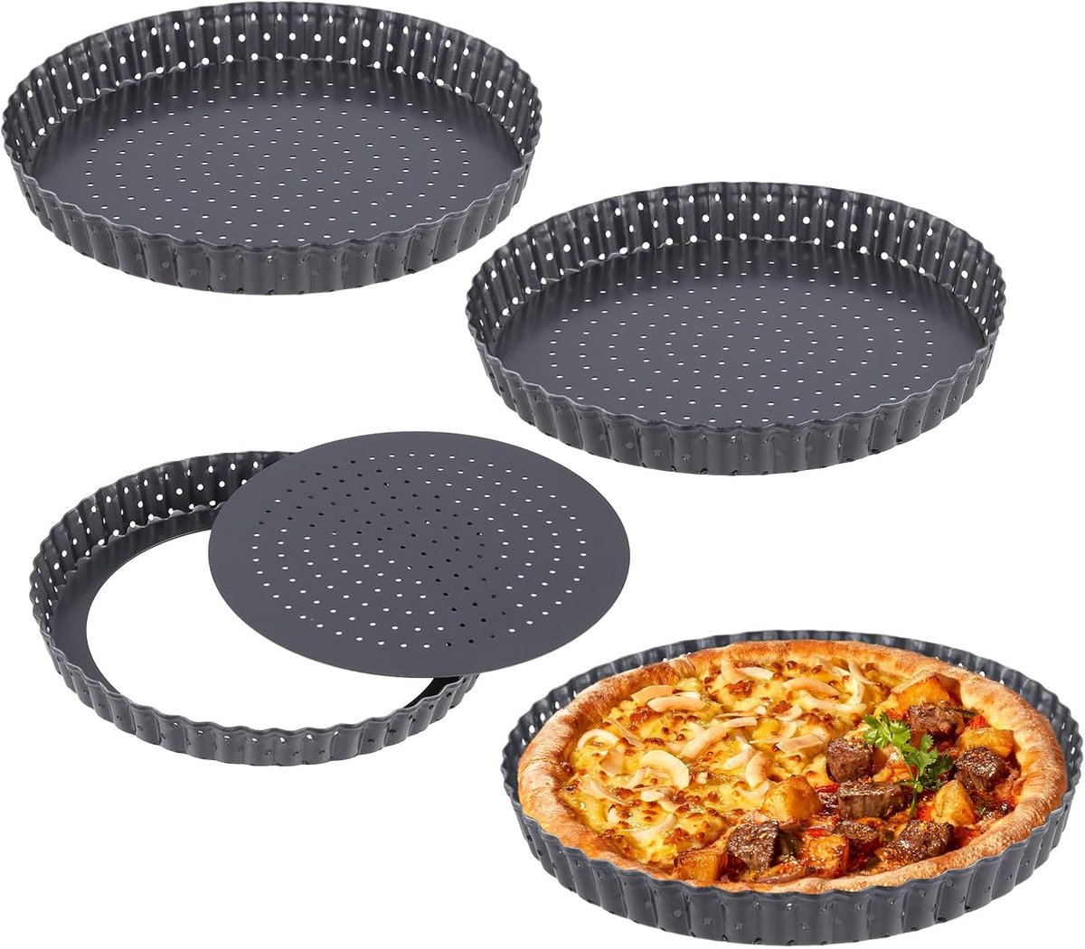 SnelShoppen - 4 stuks geperforeerde quicheblikken 20 cm, antiaanbakvormen van koolstofstaal, rond, gecanneleerd voor pizza, quiches, cheesecakes, perf