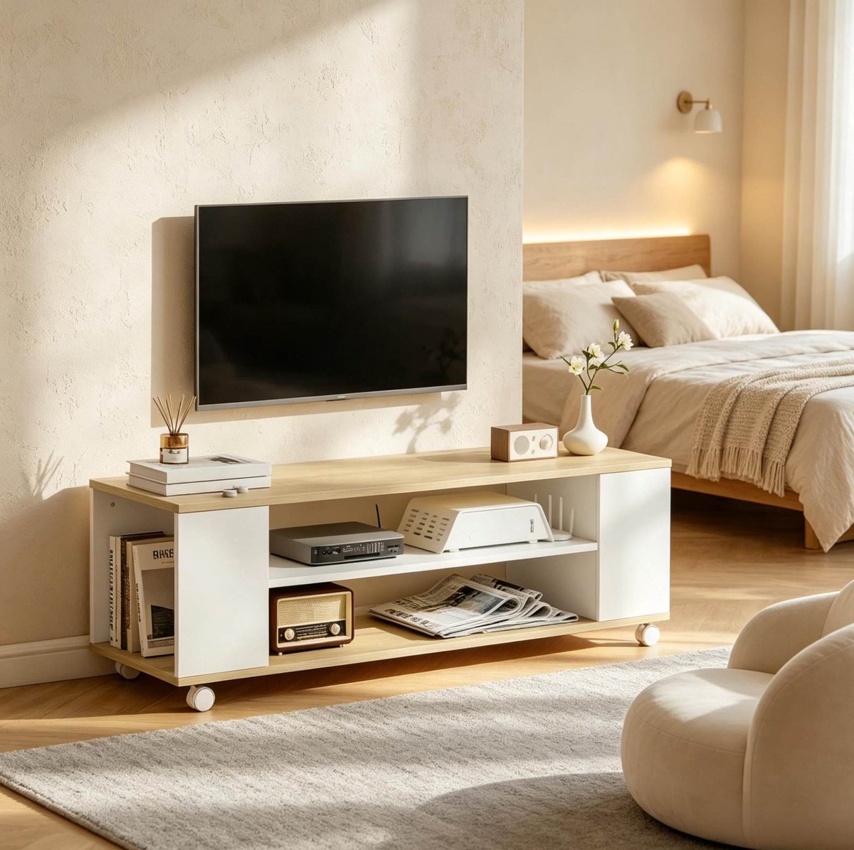 FloraGrace TV Meubel - Open Opbergkast Met Wielen En Wandmontage - Voor Woonkamer En Slaapkamer - Spaanplaat - Wit Natuurlijk - 120 Cm