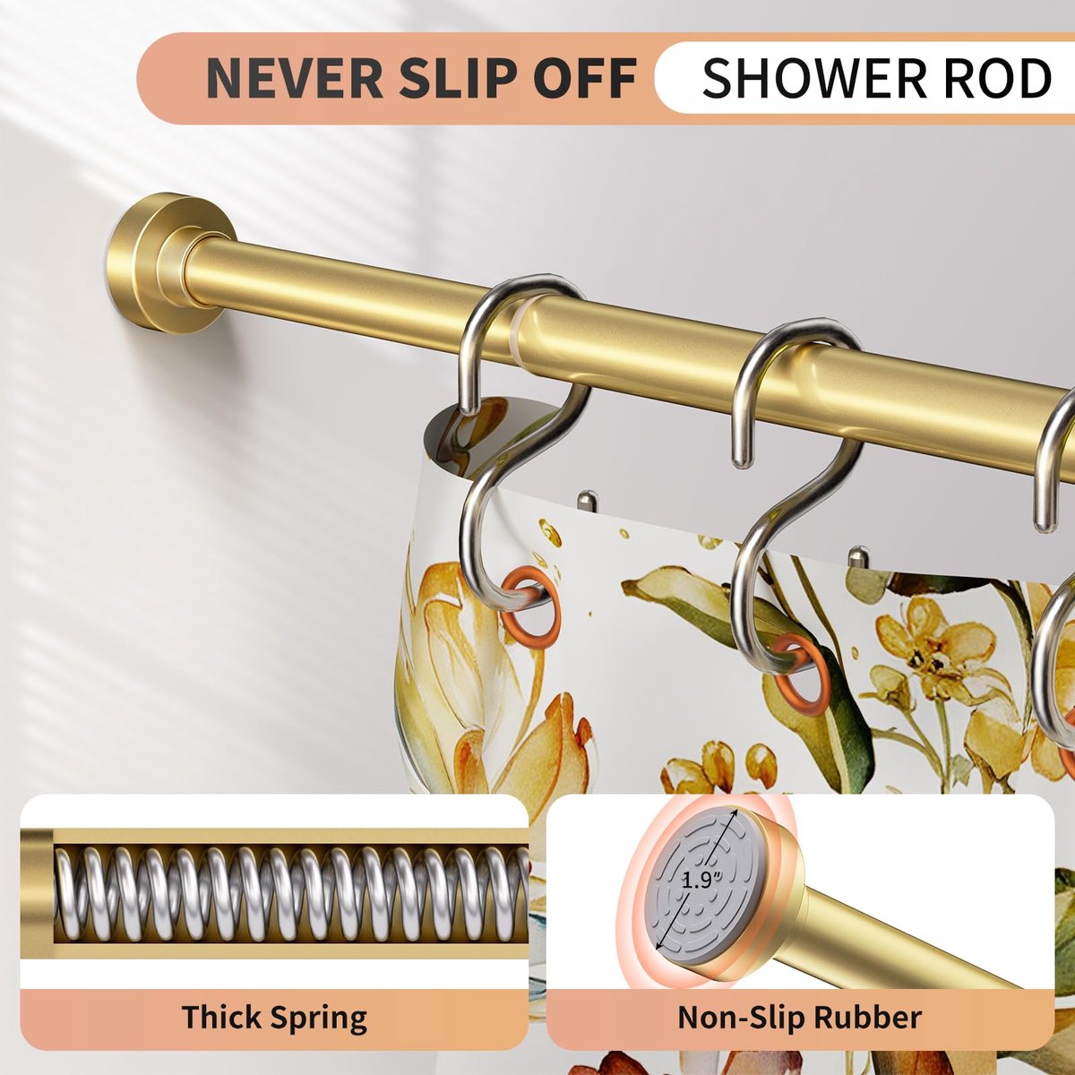 SnelShoppen - Verstelbare gouden douchegordijnstang 34-66 inch (0,9-1,7 m) roestvrij en antislip, geen boren douchestang voor badkamer en slinger raam