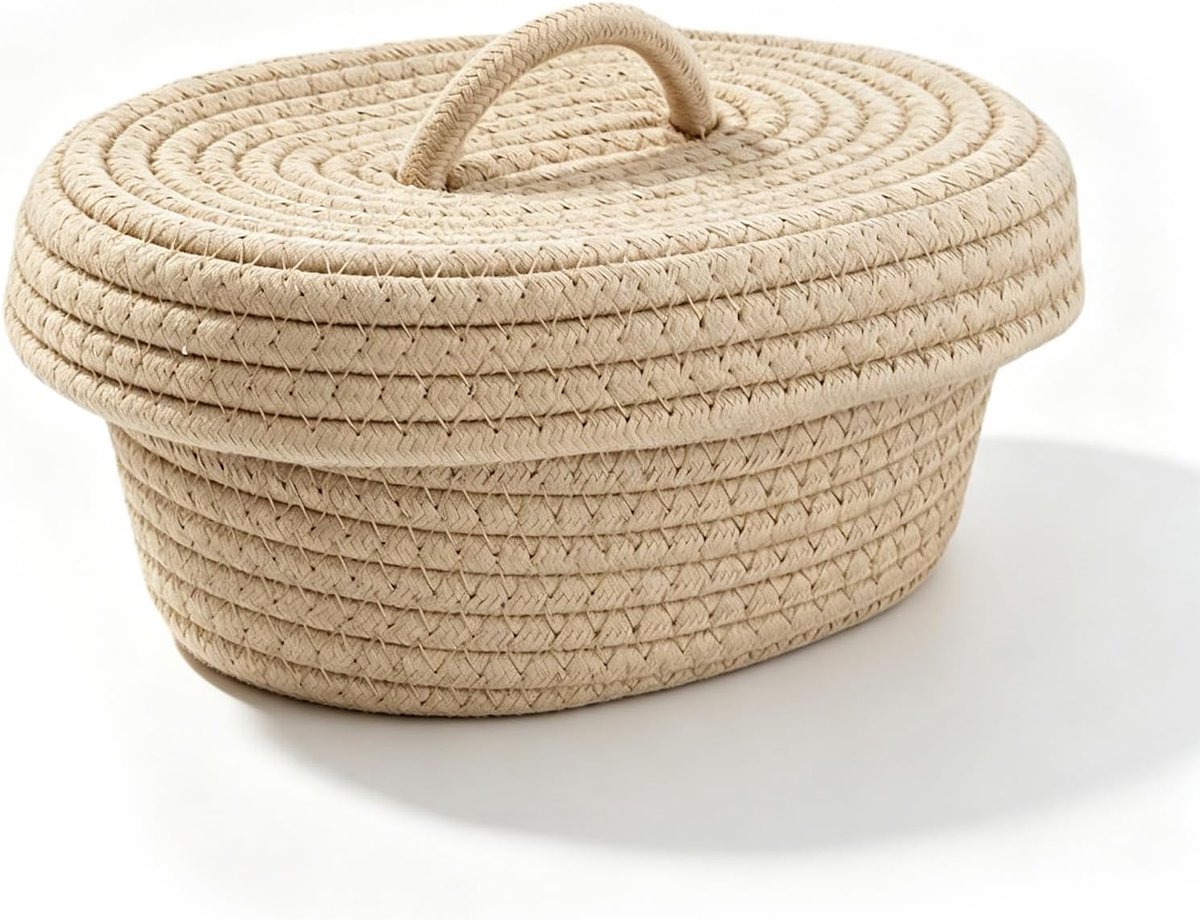 Cotton Rope Storage Basket, Handmade Desktop Organizer with Lid for Makeup Sundries and Snacks (Khaki) - ShopVlot
