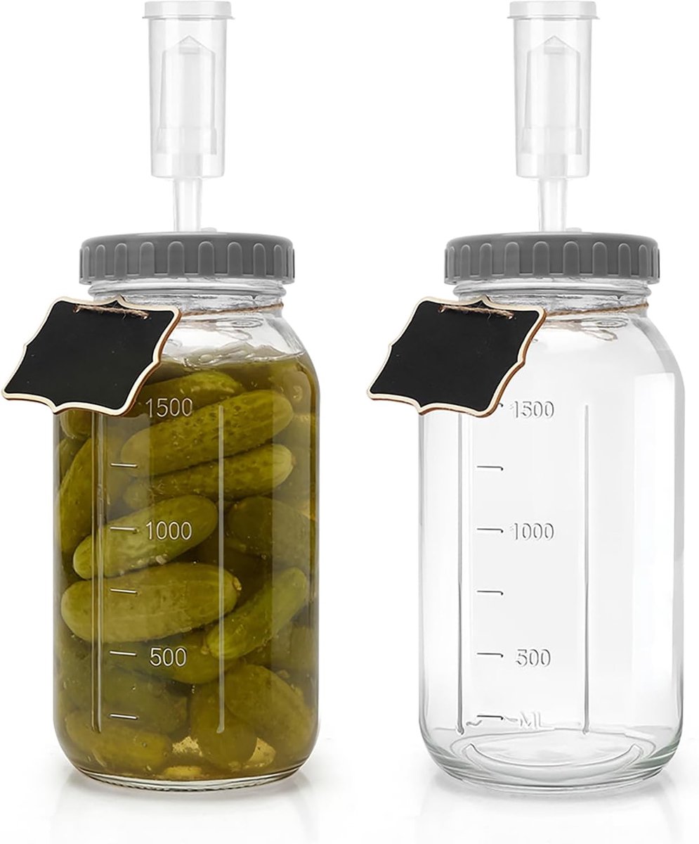 SnelShoppen - 2x Fermentatieglas 2 Liter met Fermentatieventiel, Brede Opening, Schroefdeksel, Fermentatiekit voor Kimchi, Sauerkraut, Kefir en Groent