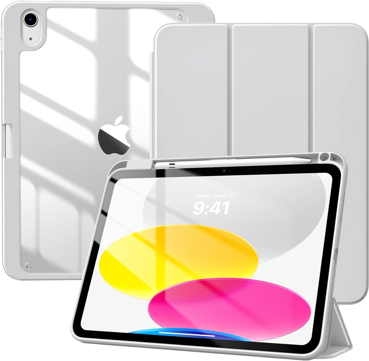 SnelShoppen - TiMOVO-hoes voor iPad A16 11 inch 11e gen en 10e gen 10,9" - Lichtgrijze slanke drievoudige standaard beschermhoes met transparante acht