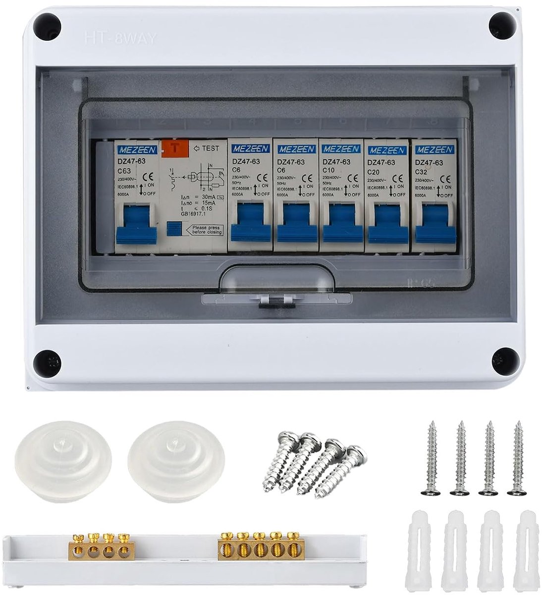 SnelShoppen - Waterdichte verdelerdoos 8-voudig met IP65 en automatische schakelaar, 1P+N63A+6A+6A+6A+6A+6A+10A+20A+32A, type AC 63A/30mA FI RCD