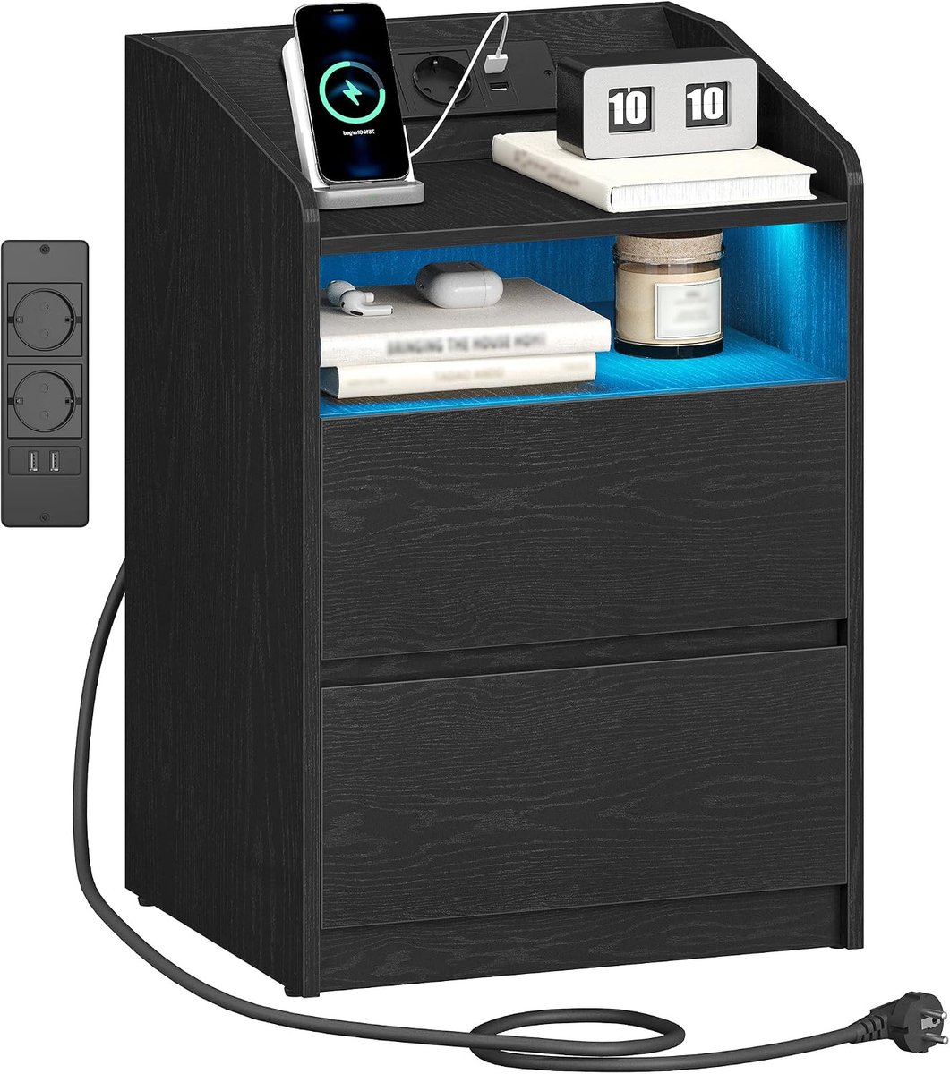 Hzuaneri Nachtkastje, bijzettafel met 2 laden, 2 AC-stopcontacten, 2 USB-A-poorten, ledverlichting, open vak, modern, slaapkamer, woonkamer, 35 x 40 x 58 cm, zwart