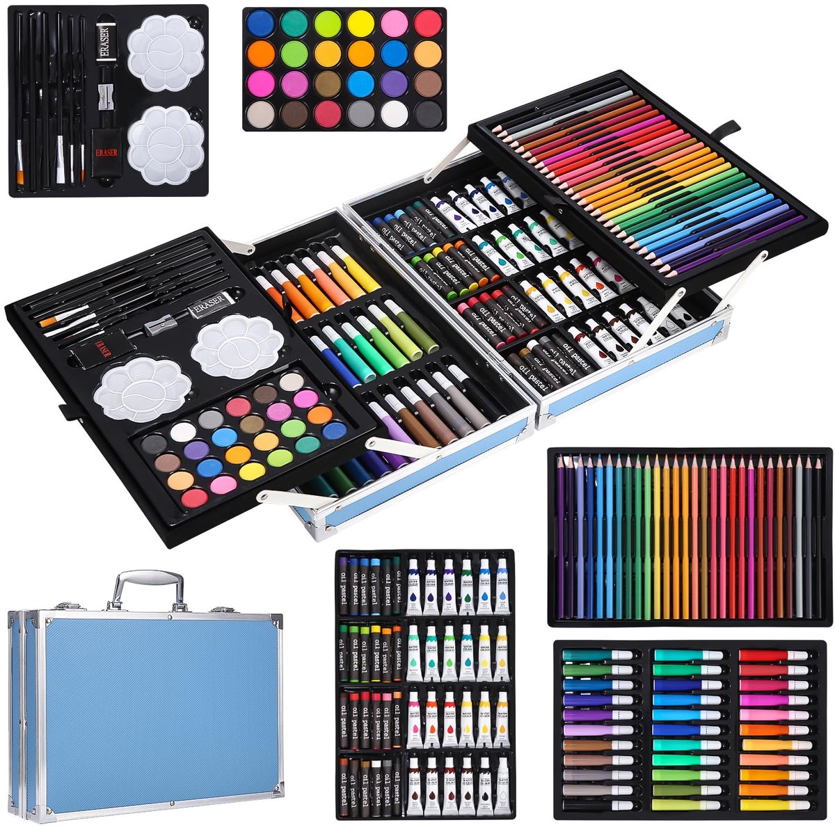 SnelShoppen - Schilderset 144-delig, professionele schilderkoffer met kleurpotloden, oliepastel, aquarelverf, houtskoolpotloden, ideaal voor kunstenaa
