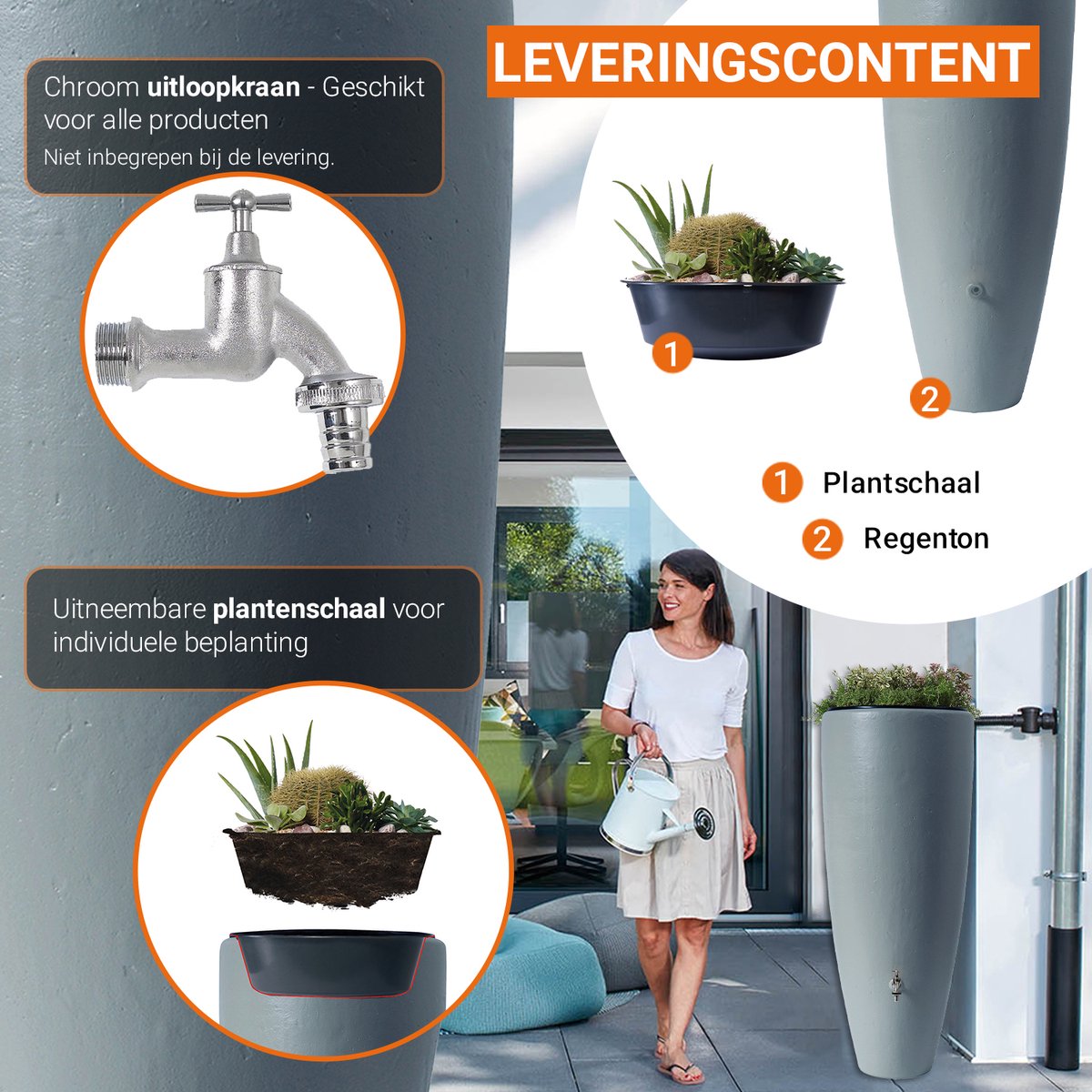 Garantia 2in1 waterreservoir 300 liter zinkgrijs incl. plantschaal