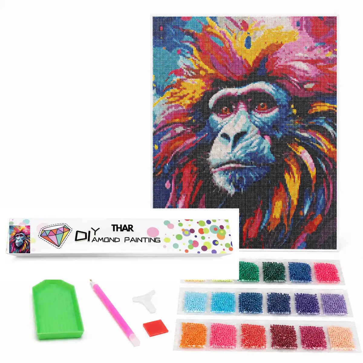 THAR Diamond Painting Kleurrijke Baviaan - 40x50 cm - Ronde Steentjes