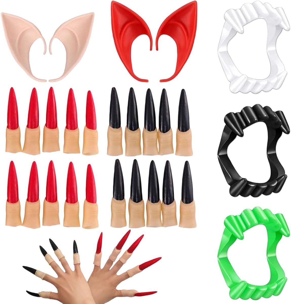 Halloween Accessoires Set van 27 Stuks – Heksenvingers, Lange Vampiernagels, Puntige Hoed en Vampiertanden – Creepy Kostuum Set voor Halloween Feest met Glow-in-the-Dark Effect
