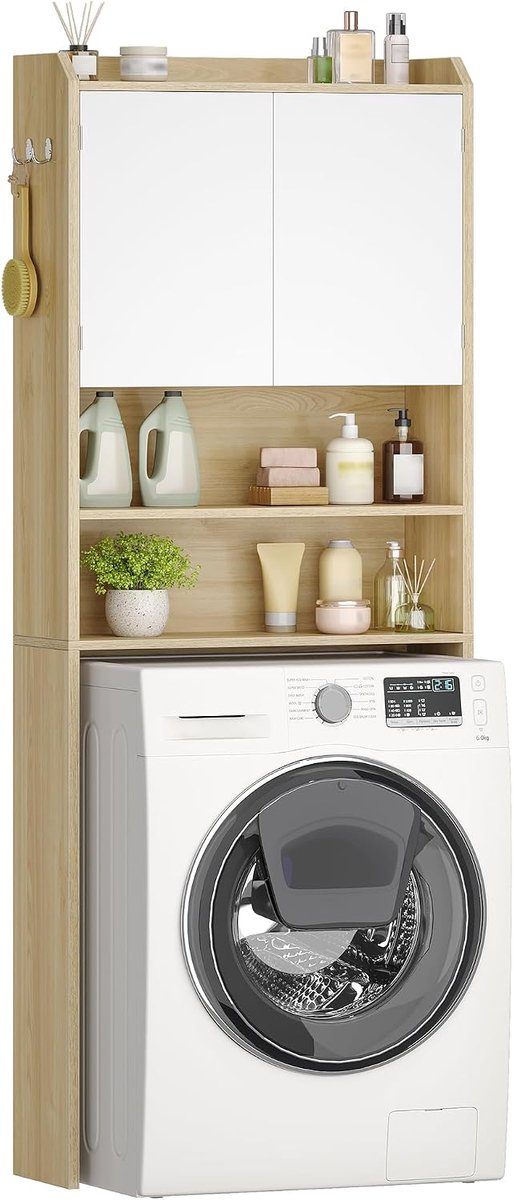 Hzuaneri Wasmachinekast stellingkast met 2 deuren,185cm,wit en naturel