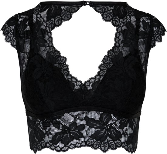 Zwarte kanten crop top bralette met v-hals, open rug en bloemenpatroon.