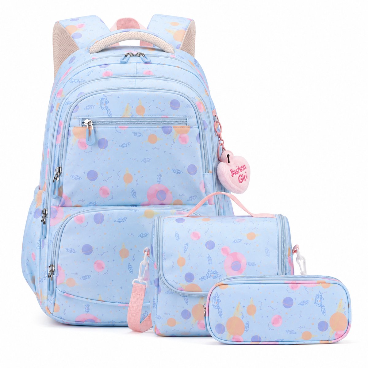 VHV Schoolrugzak Meisjes - 3-delige Schooltassenset 28 L met Lunchset en Etui - Blauw - Voor School en Reizen