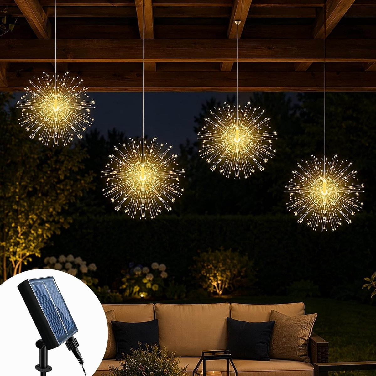 Zonne-energie LED-lichtsnoeren voor buiten - Warmwit - 4 strengen - IP65 Waterdicht - Voor Tuin en Balkon