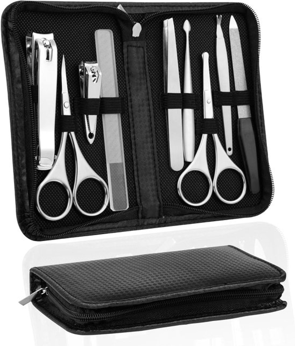Complete Manicure Set van 9 Stukken - Draagbare Pedicure Kit met Rvs Nagelknipper en Luxe Leren Etui, Perfect als Cadeau voor Mannen en Vrouwen, Professionele Verzorgingstools