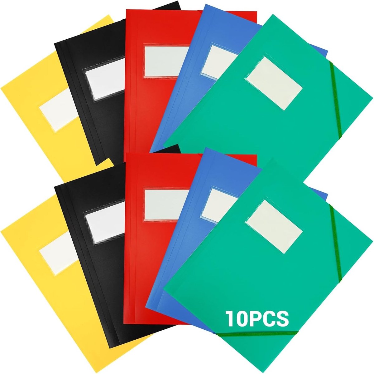 Set van 10 A4 verzamelmappen met elastiek, duurzame kunststof documentenmappen voor school, studie en kantoor (5 kleuren)