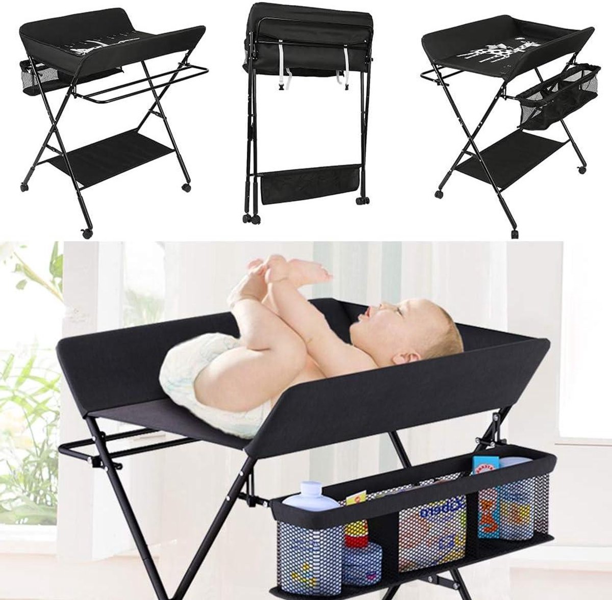 Baby Verschoontafel - Commode Tafel - Baby Verzorging - Inklapbaar en Verstelbaar - 74 x 63 x 98 cm - Zwart
