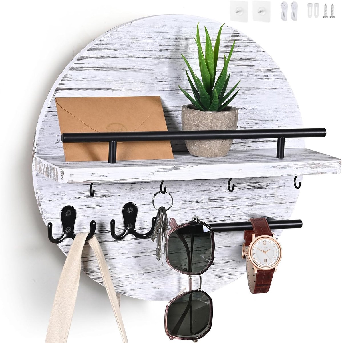 SnelShoppen - Vintage Houten Sleutelhouder met Plank, Ronde Sleutelhanger voor Thuis, Decoratieve Wandbevestiging met Landelijke Charme (Licht Wit)