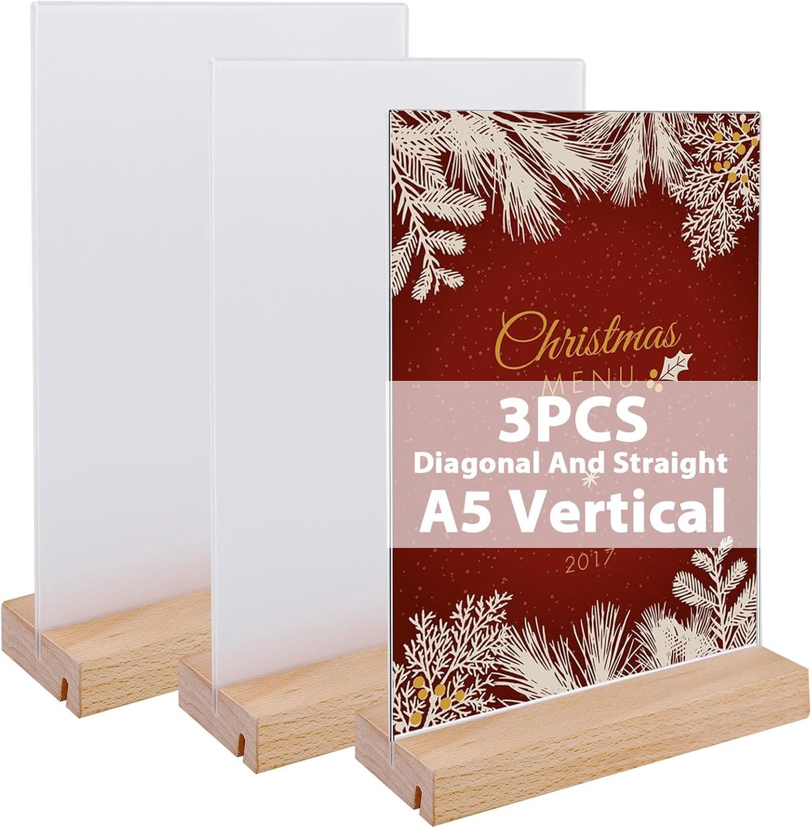 SnelShoppen - 3 Stuks A5 Acryl Tafelstandaard, Dubbelzijdige Reclamehouder met Houten Basis voor Menu, Brochure en Menu Kaart - Transparant en Stevig