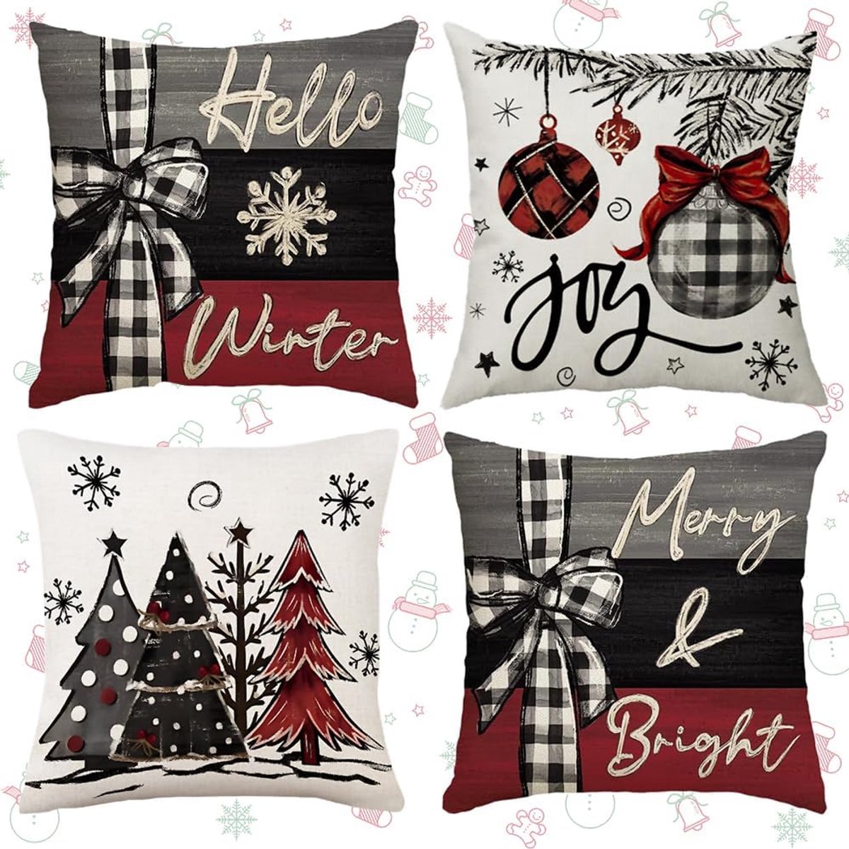 SnelShoppen - 4 Stuks Kerst Kussenhoezen, Decoratieve Kussenhoezen, Kerst Kussenhoezen, Linnen Decoratieve Kussen, Kerstpatroon, Kerstversiering, Sofa
