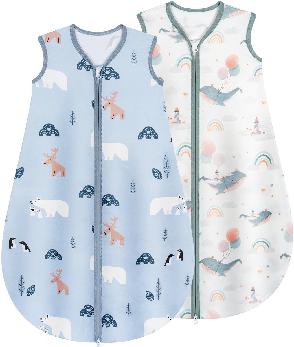 SnelShoppen - Slaapzak voor baby's, zomer, 100% katoen, 0,5 TOG, 0-6 maanden, pasgeborenen, 2 stuks, blauwe dolfijn, slaapzak voor kleine jongens en m