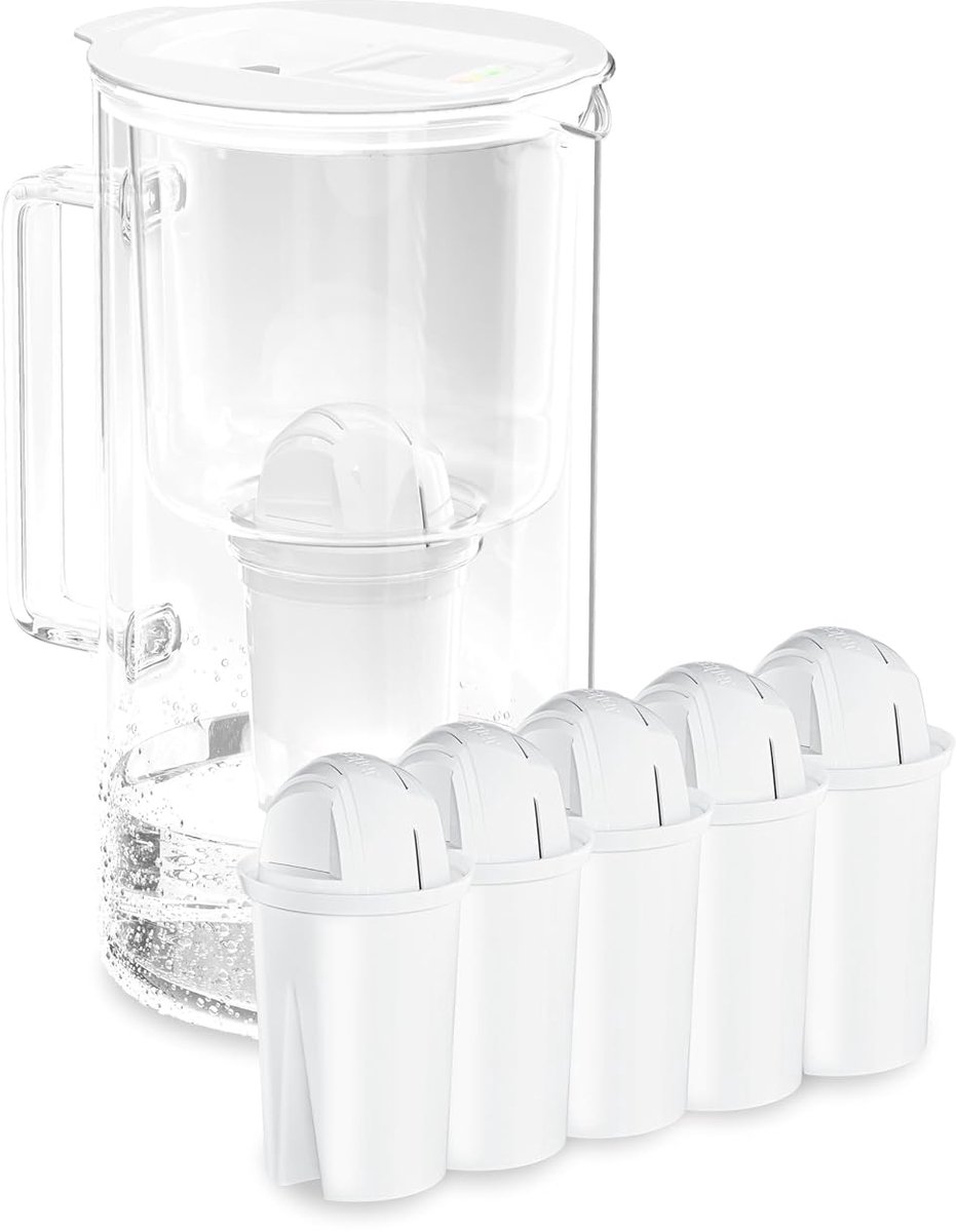 SnelShoppen - Waterfilterkan met LED Indicator, 2 Liter, Glazen Waterfilterkaraf, Compacte Waterfilterkan met Actieve Koolstoffilter, 5 Klassieke Filt