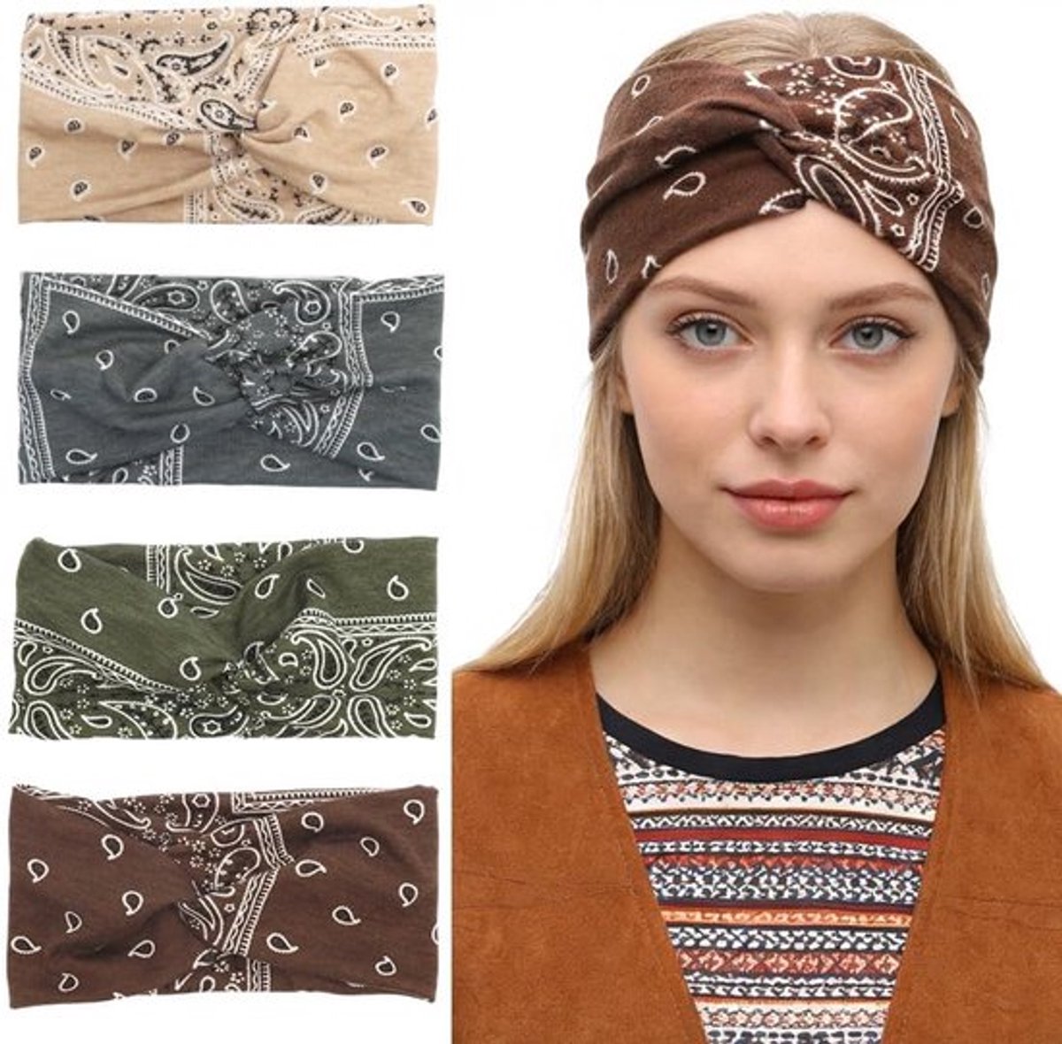 Boho Haarbanden Set van 4 - Elastische en Extra Brede Haaraccessoires voor Yoga, Sport en Dagelijks Gebruik (Grijs, Bruin, Groen, Beige)