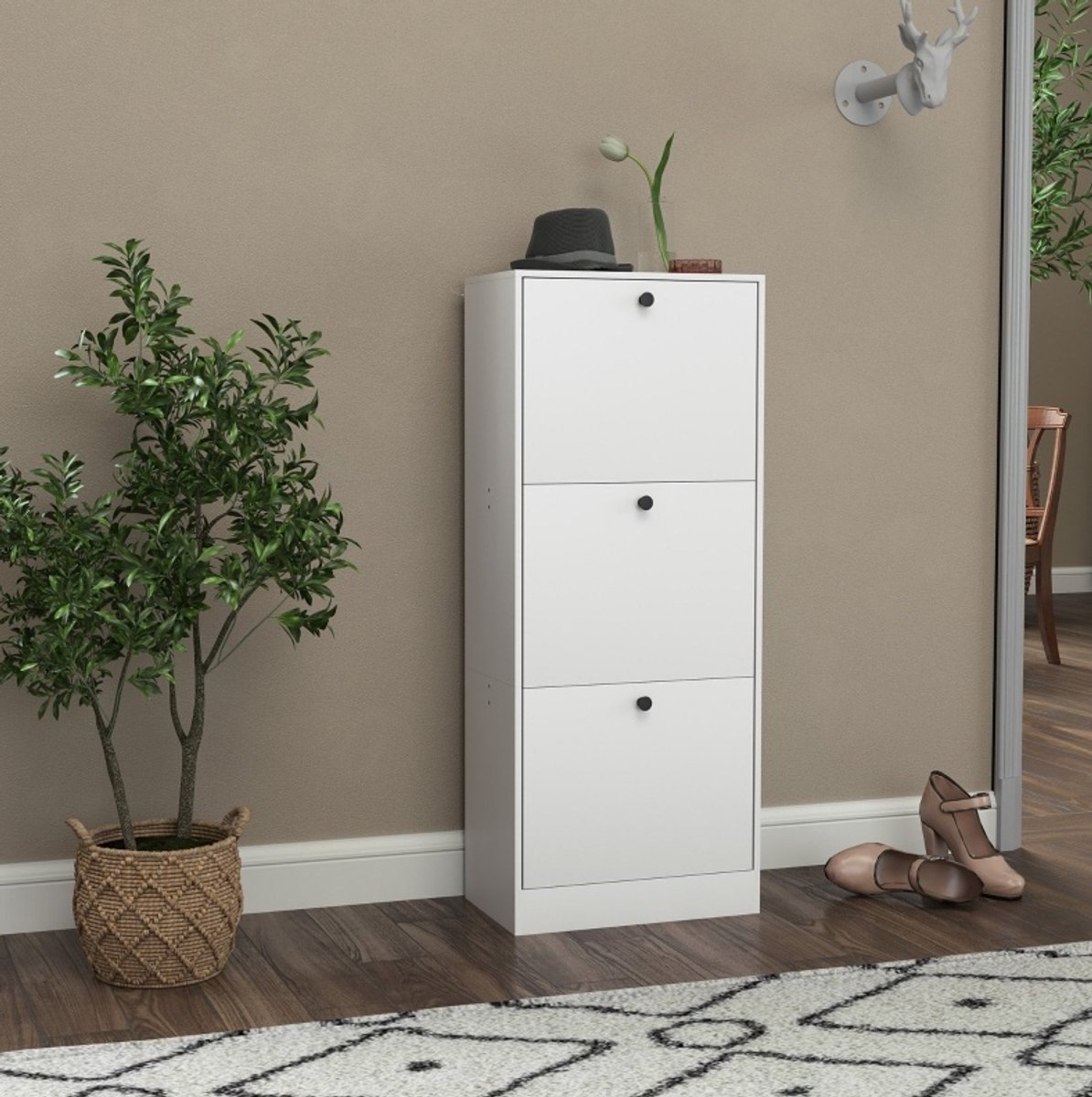FloraGrace Schoenenkast Met 3 Kleppen En Verstelbare Verdeler Smal Staand Rek Voor Hal En Woonkamer Spaanplaat Wit 47x28x115 Cm