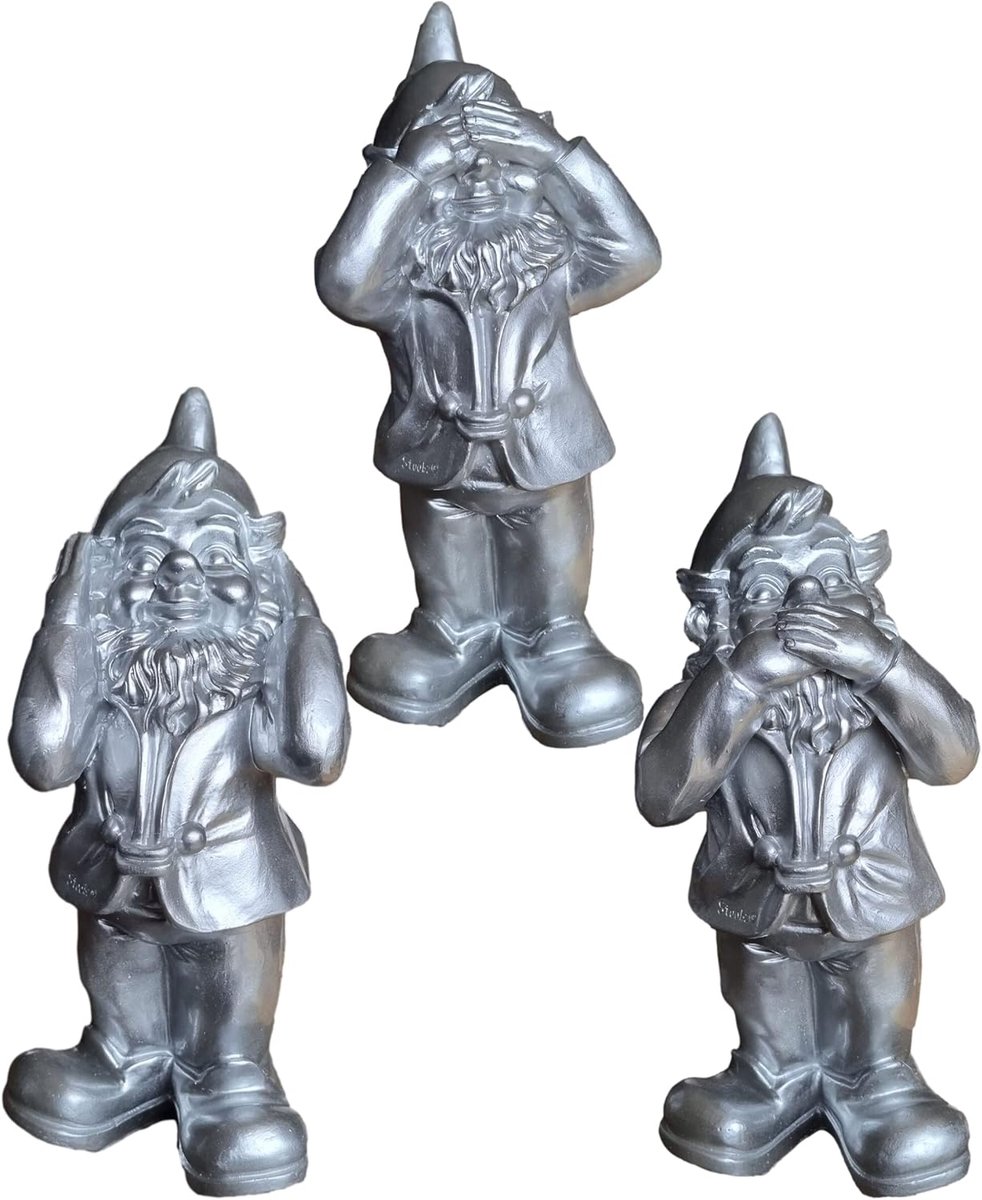 SnelShoppen - Tuinbeeld Tuinkabouter Horen, Zien en Zwijgen 30 cm Zilver | Polyresin Beeldje Voor Binnen en Buiten, Origineel Cadeau voor Tuin en Huis