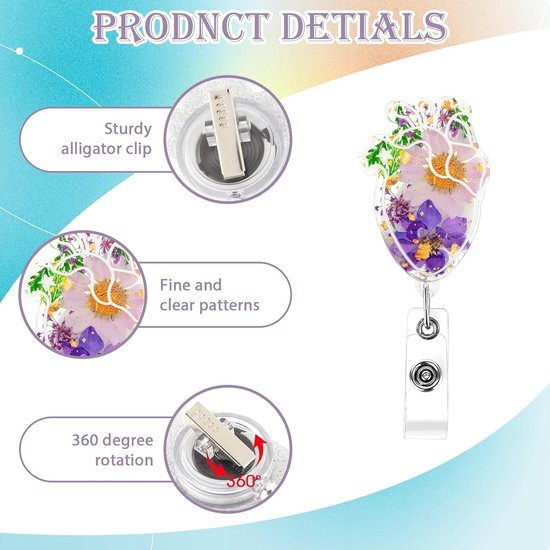 Hartvormige Retractable Badge Reel met Krokodillenclip, Droogbloemen en Schattige Hars ID Kaarthouder voor Artsen en Verpleegkundigen — afbeelding 4