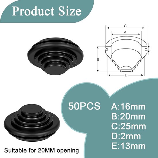 50 Stuks Zwarte Torenvormige Rubber Grommets 20mm voor Draadbescherming, Brandwerende Gatenplug en Loodgietwerk — afbeelding 5