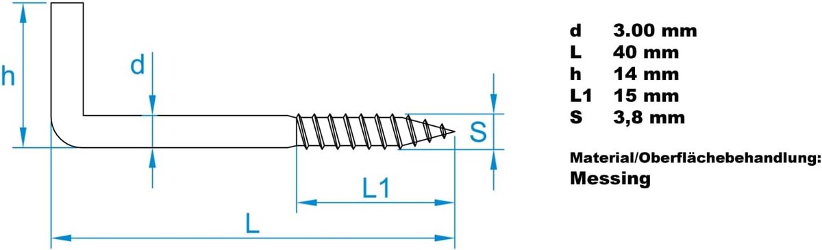 SnelShoppen - Design61 Slotted Haak - Rechte Schroefhaken voor Wand en Plafond - Stalen Haken met Draad - Robuuste Messing - Voor Touwen, Kettingen, L
