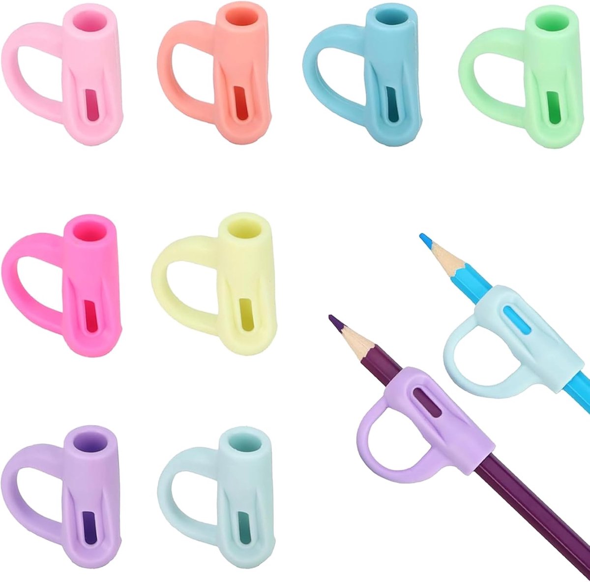 SnelShoppen - 8 Stuks Ergonomische Penhouders voor Kinderen, Schrijfhulpmiddel met Zachte Siliconen Handgreep voor Links- en Rechtshandigen, Kleurrijk
