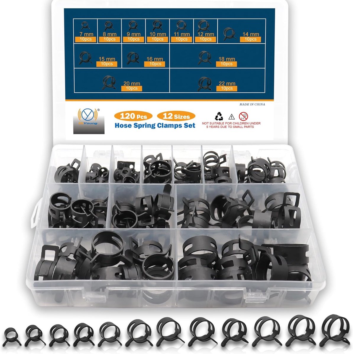 SnelShoppen - 120 Stuks Slangklemmen Assortiment Kit, 7-22mm, Veerklem, Slangklemmen, Brandstoflijn Klemmen, Slangklem Clips voor Auto, Motor, Scooter