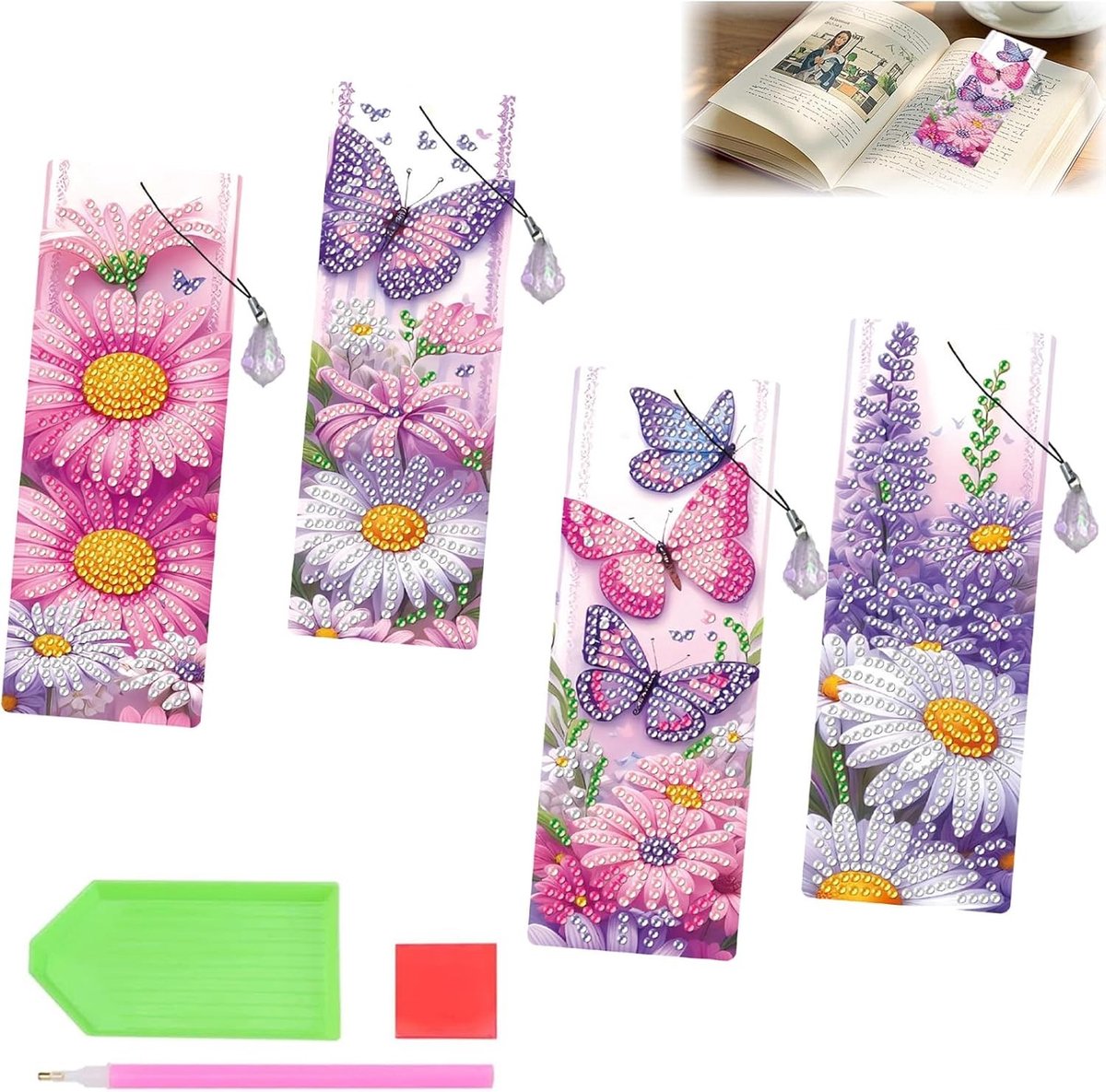 Set van 4 Lila Diamant Schilderij Boekenleggers - DIY Vlinder en Bloem Knutselset, 5D Art Decoratie voor Volwassenen en Beginners, Creatieve Cadeau-ideeën