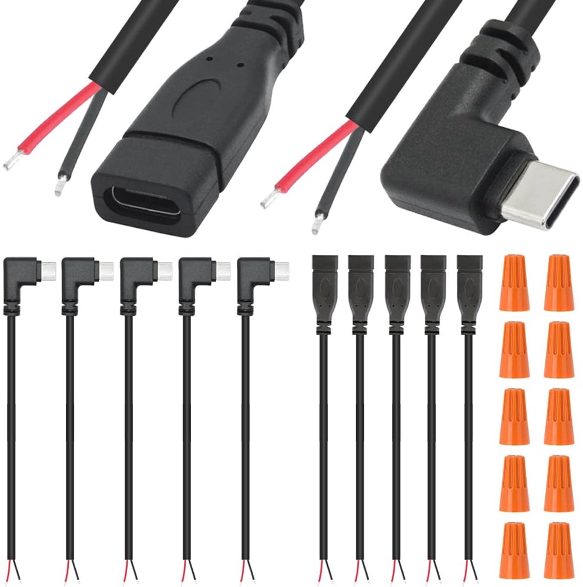 SnelShoppen - 10 Pack USB C Male naar 2 Pin Open Einde Draad met USB C Female naar 2 Pin Open Einde Draad, 90 Graden Type C Plug Pigtail Voedingskabel