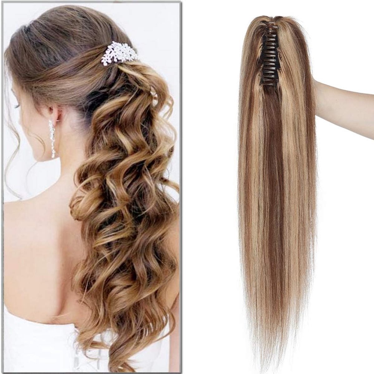 SnelShoppen - Ponytail Extensions Braid Clip-In Haarstuk 100% Remy Haar Medium Bruin Honing Blond #4p27 55 cm 120 g voor Feest, Bruiloft, Dagelijks Ge